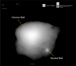 X-ray of RK17 00192 showing an iron cannon ball and lead musket ball