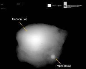 X-ray of RK17 00192 showing an iron cannon ball and lead musket ball.