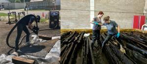 The fun side of working with large, wet, or corroded artefacts! Dry-ice blasting an iron plate from the USS Monitor (left) and lifting timbers from the Newport Medieval Ship Project (right)