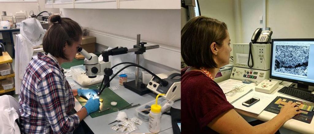 What cleaner days in the lab might look like – cleaning a silver coin under the microscope (left) and analysing iron corrosion products on a scanning electron microscope (SEM) at Cardiff University (right)