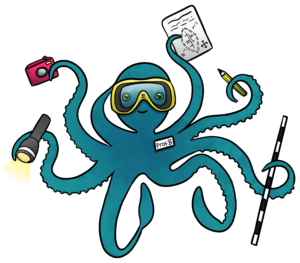 an image of a cartoon octopus holding various archaeological equipment for kids adventure cove. the octopus is called Prof Bubbles