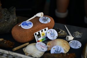 a small display of badges, shells and pipes. in the middle of the display is an MSDS Marine branded scale card.