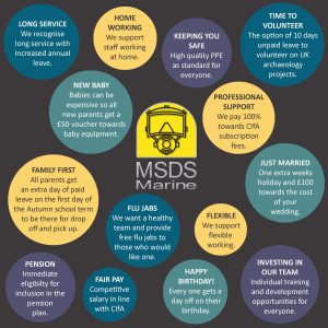 Image showing the MSDS Marine logo surrounded by bubbles containing all the benefits of working for MSDS Marine given to all employees as standard