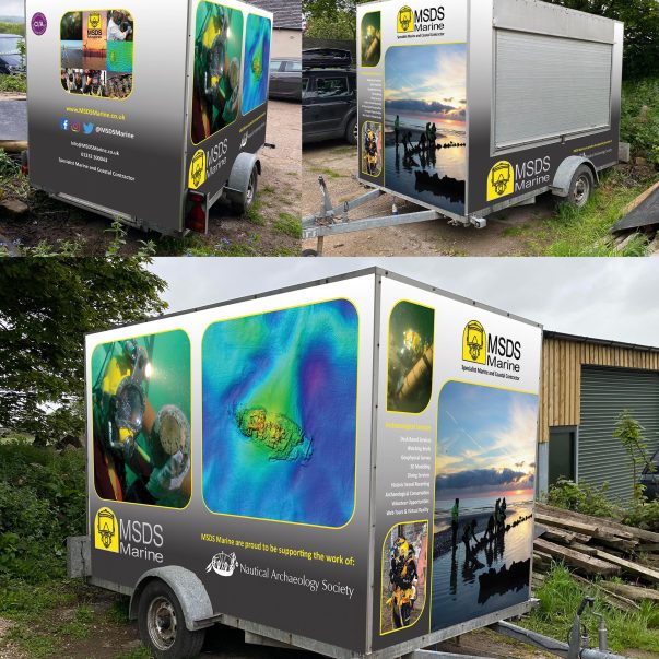 Three images showing the MSDS Marine outreach trailer from all sides. The trailer is a box trailer fitted out with audio visual equipment and activities