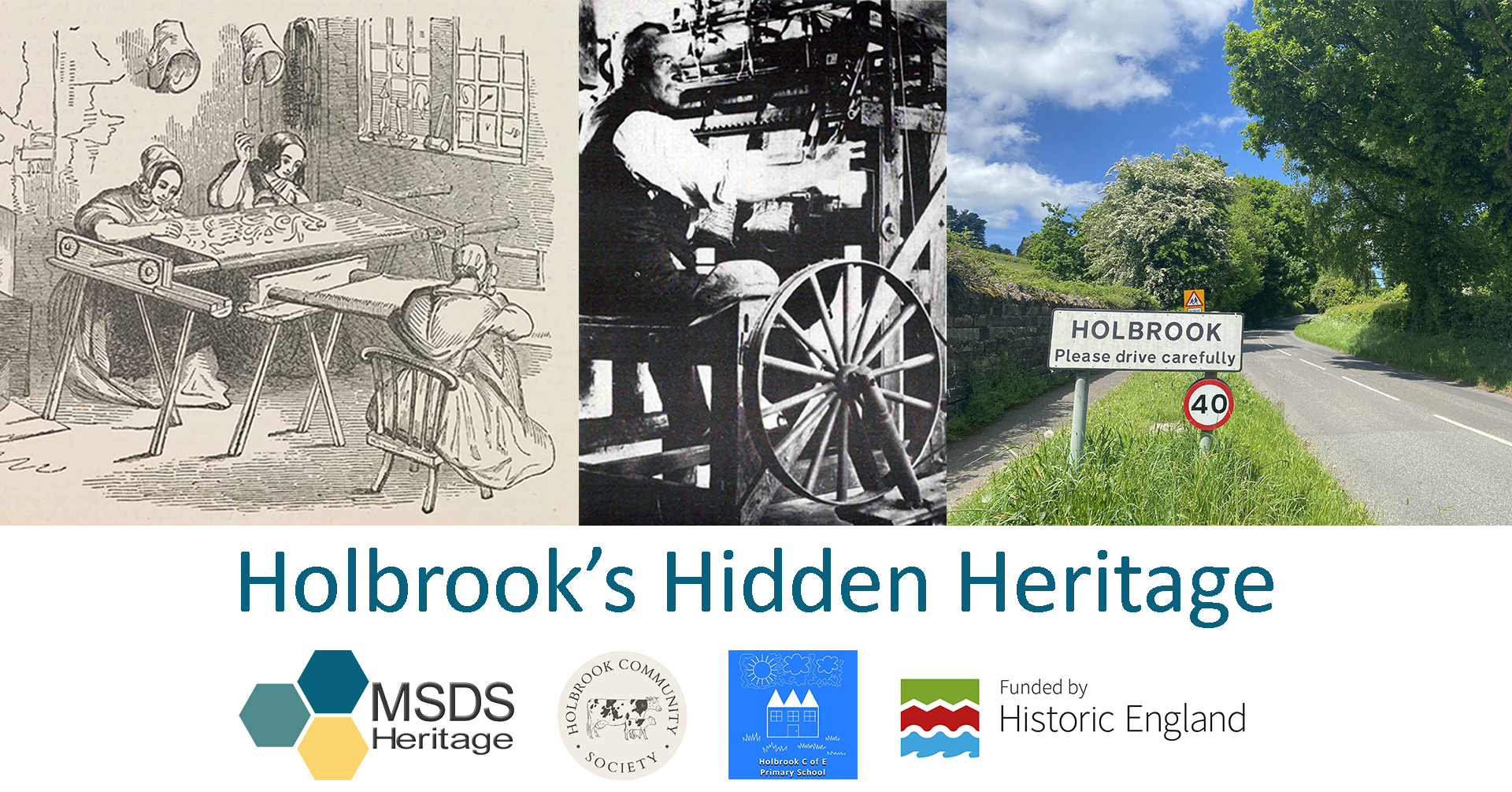 Three images: two showing stiocking frames in use adn teh otehr showing the Holbrook village road sign at the entrance to the village.