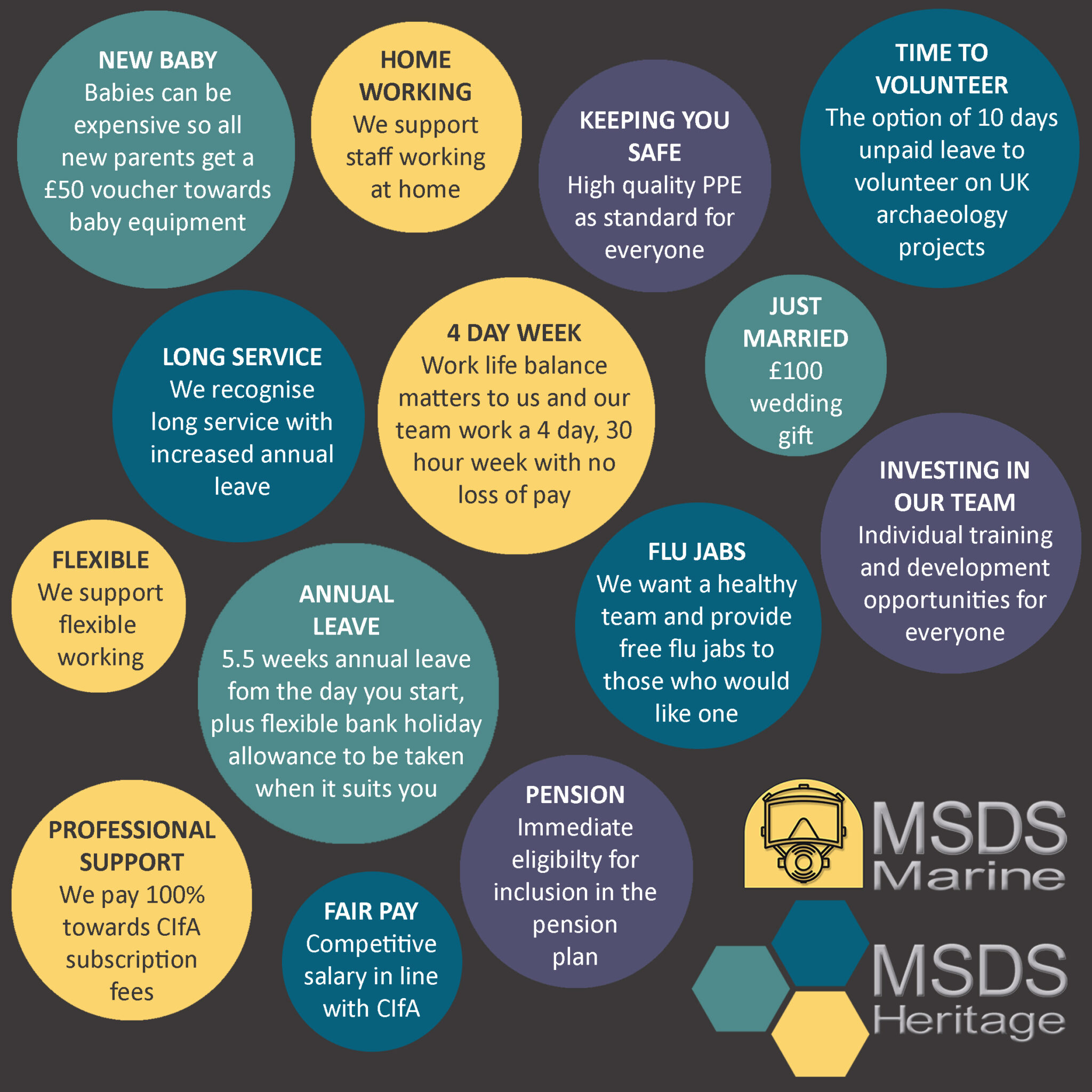 Image showing the MSDS Marine logo surrounded by bubbles containing all the benefits of working for MSDS Marine given to all employees as standard